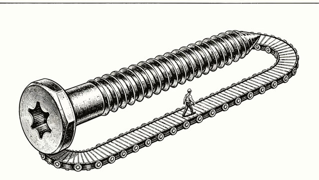 Surreal Pen and Ink Conceptual Illustration of a Giant Torx Screw Whose Threaded Shaft Forms an Endless Looping Conveyor Belt With a Worker Walking the Infinite Path