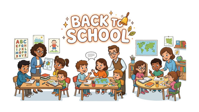 Back to School Classroom Scene: A vibrant classroom setting depicts teachers engaging with young students at desks, with educational materials like the alphabet chart and world map adorning the walls.