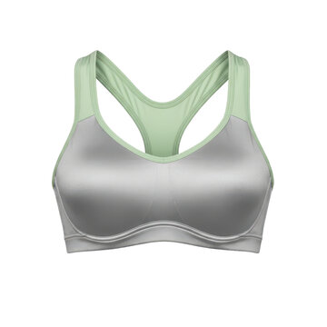 Sports Bra with Racerback Design: A stylish grey and mint green sports bra featuring a comfortable racerback design, perfect for athletic activities and workouts.
