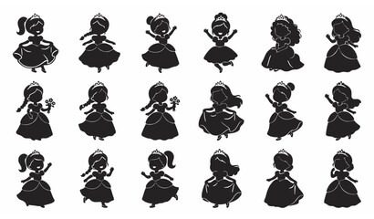 Cute cartoon princess silhouettes collection with playful royal girls in fantasy costume poses © MstLutfa