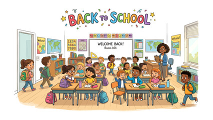 Back to School Excitement: A vibrant illustration depicts a diverse classroom buzzing with energy as students return to school, greeted by a welcoming teacher. © Atiya