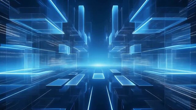 Abstract digital cyberspace tunnel with glowing blue data streams moving forward in a high speed futuristic motion graphics sequence