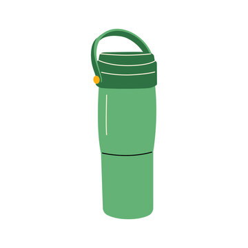 Green thermos flask or travel bottle vector hand drawn illustration