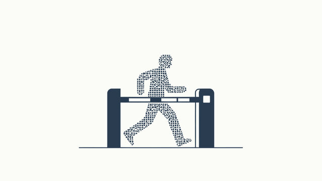 Minimalist flat conceptual illustration of a pixelated dotted walking human figure passing through a waist-height swing barrier turnstile, monochrome navy on soft off-white background