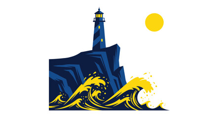 Lighthouse on cliff with stormy waves and sun © Pensil