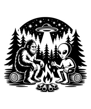 Bigfoot and Alien Campfire Vector Illustration