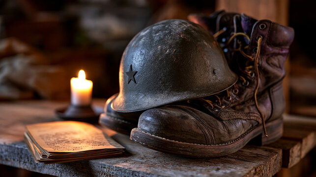 Korean War era military helmet and worn leather boots arranged on candlelit shelf beside folded letter, dust on surfaces, attic or modest spare room setting, symbolic still life, forgotten war artif