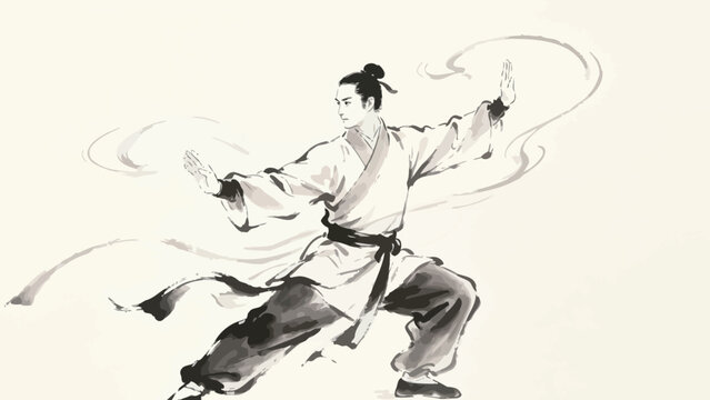 Ink Wash Illustration of Traditional Chinese Martial Artist in Low Stance Practicing Tai Chi with Flowing Brushstroke Qi Energy on Warm Off-White Background
