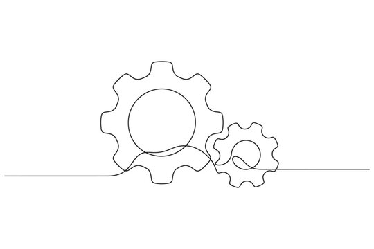 Single continuous line drawing of gear wheel in minimalist outline style, Ideal for tech structures, symbolizing mechanism operations, teamwork synchronization