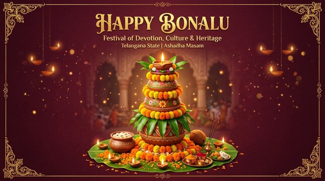 Happy Bonalu Festival Greeting Banner with Traditional Decorated Bonam Pot and Diya