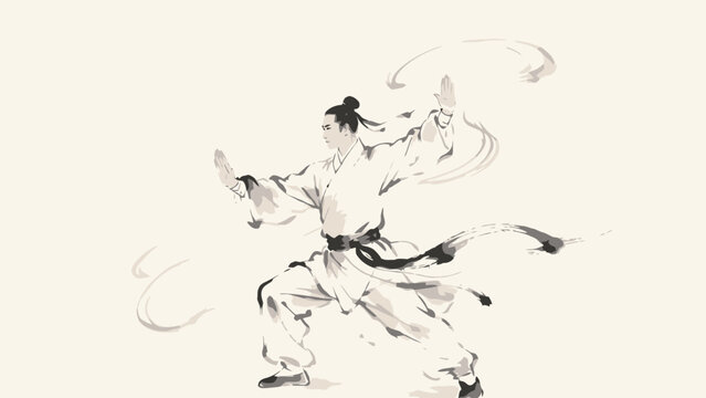 Minimalist Chinese Ink Wash Painting of a Taoist Martial Artist Practicing Tai Chi, Flowing Brushstrokes Depicting Circulating Internal Qi Energy