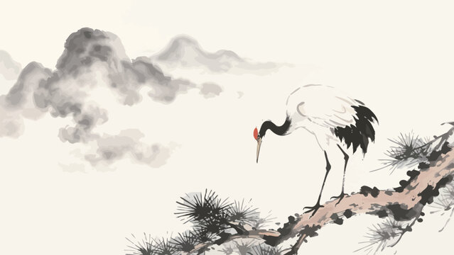 Traditional Chinese Ink Wash Painting: Elegant Red-Crowned Crane Perched on a Gnarled Pine Branch, With Soft Mist-Shrouded Distant Mountain Peaks in the Background