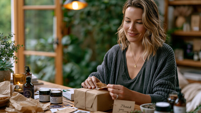 Over-the-shoulder view of e-commerce small business owner packing artisan skincare orders at home studio table, tissue paper, custom stickers, thank-you cards, June order surge underway, natural lig