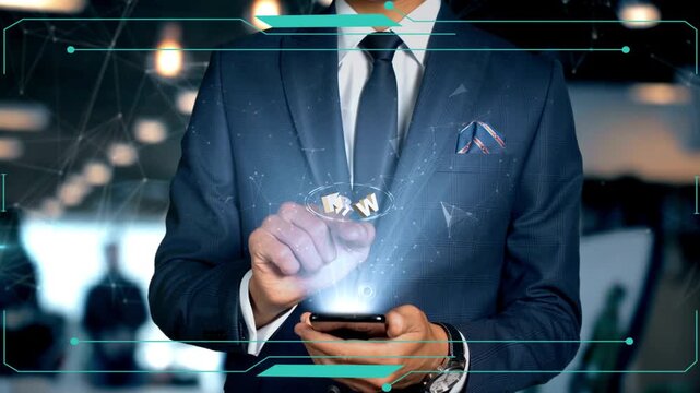 Close up video of a businessman in a sharp navy suit using a smartphone with a futuristic holographic interface displaying the krw currency symbol symbolizing digital finance