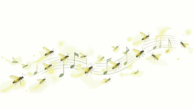 Whimsical Delicate Watercolor Illustration of Glowing Fireflies Resting and Flying Along a Winding Musical Staff, Gentle Magical Nature Fantasy Artwork