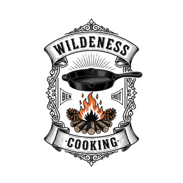 Wilderness Cooking Vintage Design with Cast Iron Skillet and Campfire