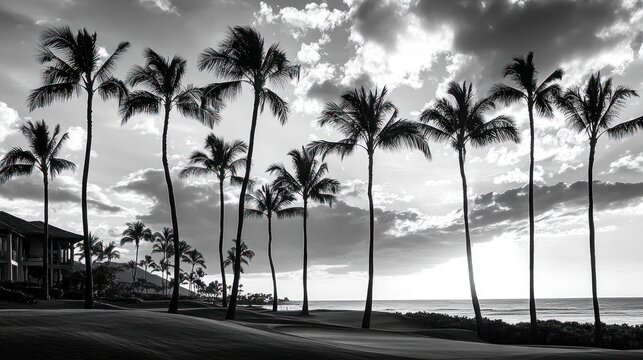 Tropical sunset palm trees ocean beach resort