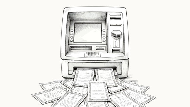 Monochrome Pen and Ink Line Art Illustration of a Centered Automated Teller Machine Dispensing a Pile of Formal Certificate Documents on Plain White Background