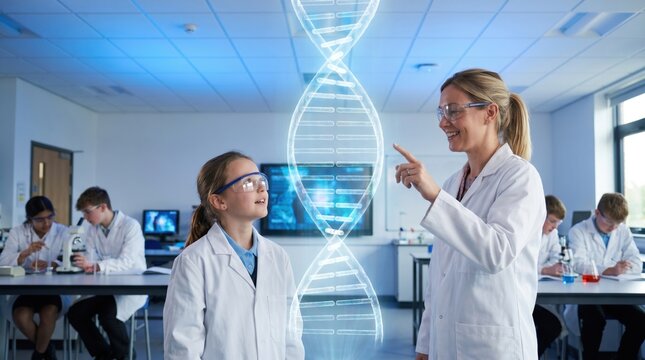 A female science teacher and student study a glowing DNA helix hologram inside a school biology laboratory classroom.
