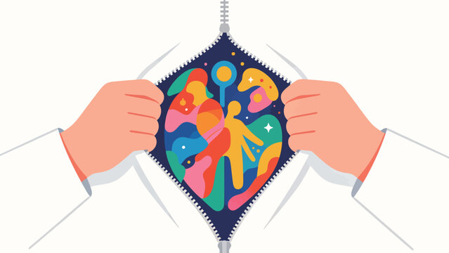 Flat Vector Illustration of Two Hands Unzipping a White Garment to Reveal a Vibrant Colorful Abstract Inner World with Stylized Human Figure and Symbolic Cosmic Shapes