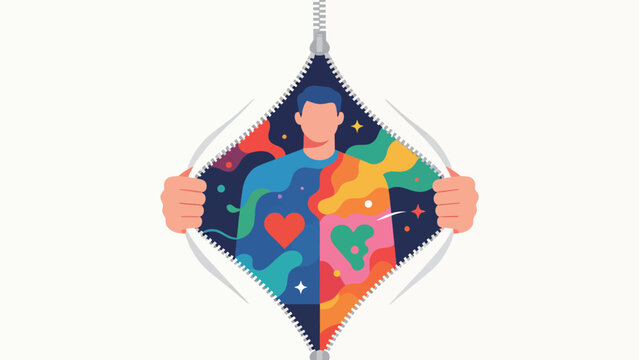 Flat Vector Illustration of Hands Pulling Open a Zipper to Reveal a Vibrant Multicolored Inner Self Adorned with Hearts and Stars, Representing Authenticity and Hidden Inner Identity