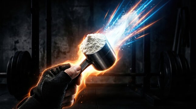 fitness hand holding a whey protein supplement scoop explodes with fire and blue energy beams inside a dark gym