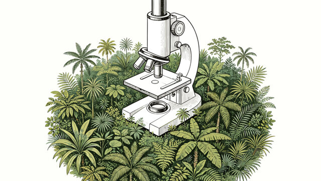 Surreal Hand-Drawn Line Art Illustration of a Giant Monochrome Microscope Emerging from Dense Lush Green Tropical Rainforest Foliage, Exploring the Intersection of Science and Nature