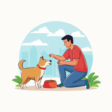 Man feeding dog in park with city skyline background