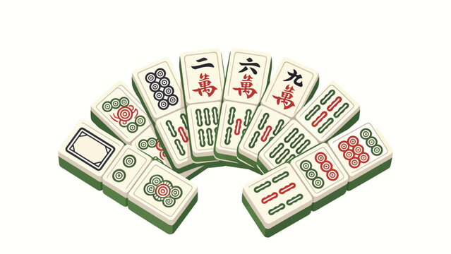 Minimalist flat illustration of assorted Chinese mahjong tiles arranged in a fanned semicircle, cream faces, green edges, all three suits and white dragon on plain white background