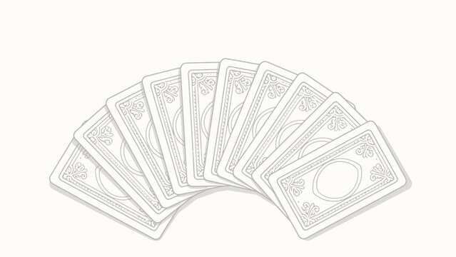 Minimalist Monochrome Line Art Template of Blank Playing Card Backs Arranged in a Curved Fan Spread on Plain Off-White Background