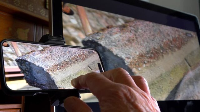 Closeup of a man&rsquo;s hand touching a mobile phone screen to enlarge and move an image, while it is mirrored on a large computer display for greater magnification.
