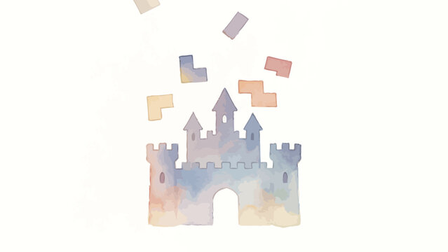 Whimsical Soft Pastel Watercolor Fairy Tale Castle With Falling Tetromino Blocks On Clean Off-White Textured Paper Background