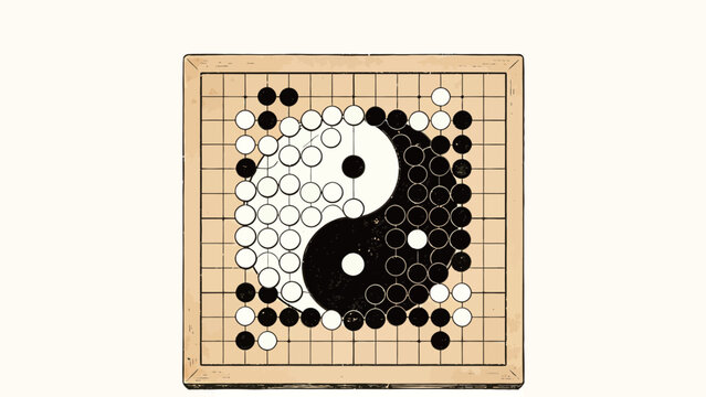Vintage Ink Line Art of Go Game Stones Arranged Into Yin Yang Taiji Symbol on Traditional Wooden Go Board Over Aged Off-White Background