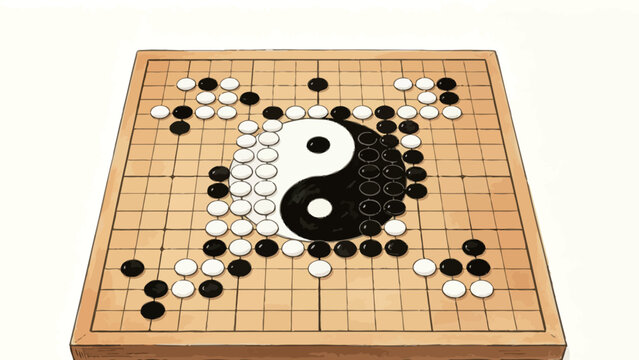 Hand-drawn Illustration of Go (Weiqi) Board with Black and White Stones Arranged into a Yin Yang Taijitu Symbol, Angled Overhead View, Warm Neutral Palette