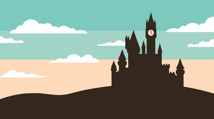 Minimalist Fantasy Castle Silhouette with Clock Tower against a Cloudy Sky © Nomadic