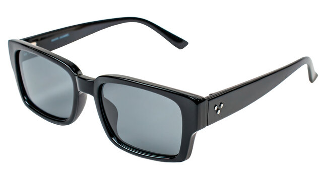Stylish modern black rectangular sunglasses with dark tinted lenses isolated on transparent background cut out