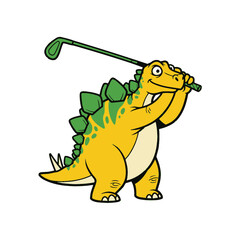 Dinosaur playing golf, cartoon stegosaurus swings golf club, funny sports illustration © roziah