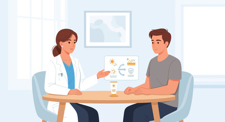 Fototapeta premium Doctor explains dermatology cream use to patient. Sun skin Protection
