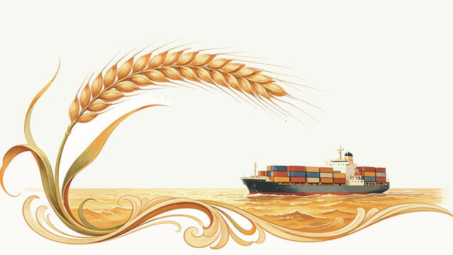 Elegant decorative illustration of an arching ripe golden wheat ear framing a container cargo ship on ornate golden grain-themed ocean waves, soft off-white background