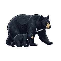 Mother Bear and Cub Walking Together - Wildlife Illustration © roziah