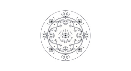Naklejka premium Mystical Third Eye Mandala with Lotus Flowers and Swirls, Esoteric Symbol