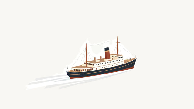 Minimalist Isometric Illustration of Vintage Passenger Steamship With Tiny Figures on Bow, Soft Wake Trails on Plain Off-White Background