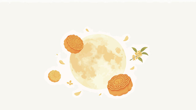 Elegant Minimalist Mid-Autumn Festival Illustration Featuring Pale Glowing Full Moon, Traditional Mooncakes, Floating Osmanthus Petals, and Osmanthus Sprig on Soft Off-White Background
