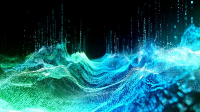 Futuristic 3D digital wave of glowing particles and data matrix