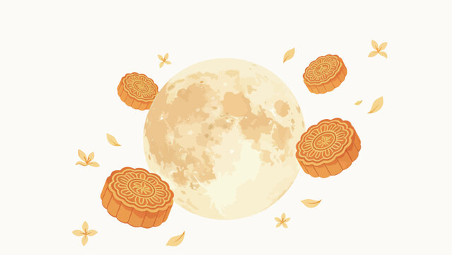 Elegant Soft Minimalist Mid-Autumn Festival Illustration with Glowing Pale Golden Full Moon, Floating Traditional Mooncakes, and Scattered Osmanthus Blooms and Petals