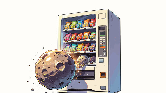 Whimsical Surreal Cartoon Illustration of a Cratered Rocky Asteroid Being Dispensed From a Standard Snack Vending Machine on a Plain White Background