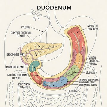 Anatomical diagram of human duodenum and pancreas.