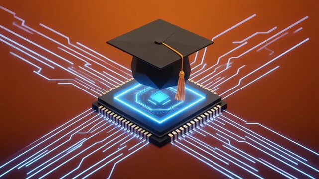 Graduation cap hovering over a digital computer processor chip with glowing neon circuit board lines in motion animation clip