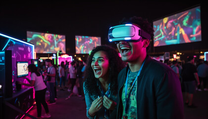 Fototapeta premium Excited young people enjoying virtual reality experience at a neon lit gaming event at night with bright digital screens and futuristic atmosphere in an entertainment zone