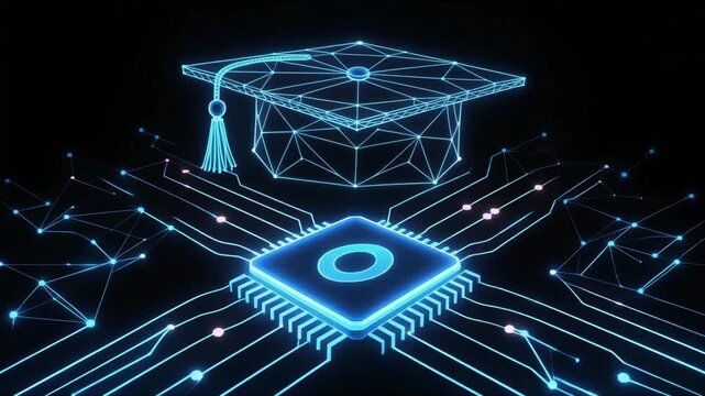 Graduation cap glowing blue digital wireframe hovering above a computer processor chip representing modern education technology and smart learning
